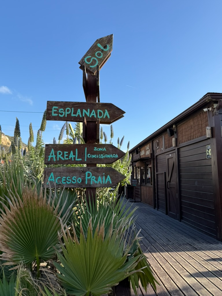Wooden beach signs to the esplanade and sand