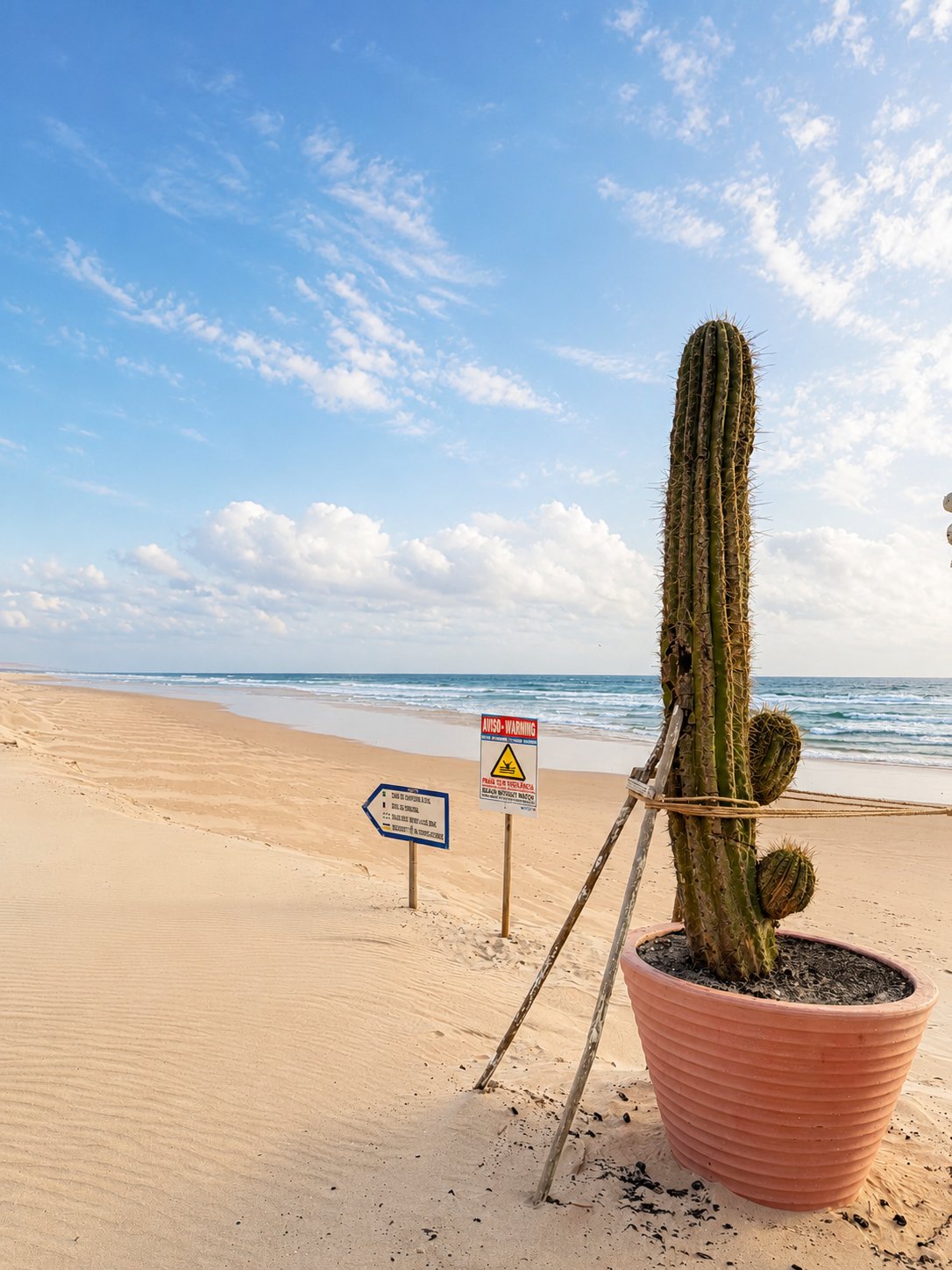 Beach warning sign and a potted cactus on the dunes at Costa da Caparica