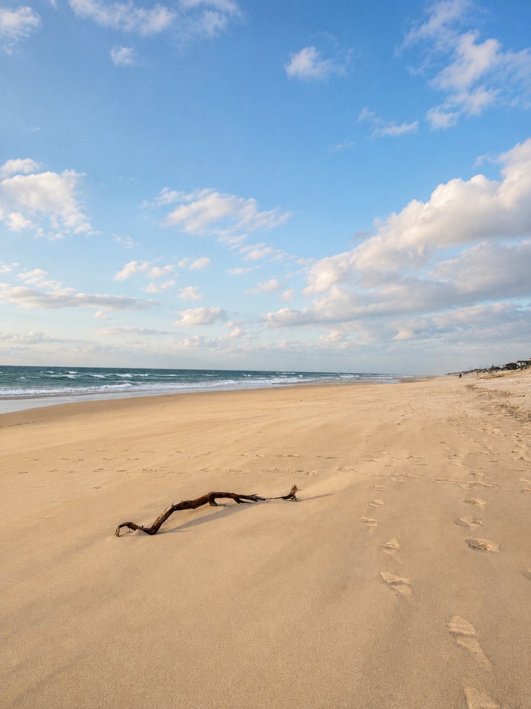 Driftwood on the wide open sand at Costa da Caparica with footprints leading to the Atlantic