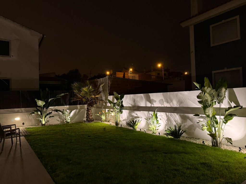 Illuminated pool and garden at night