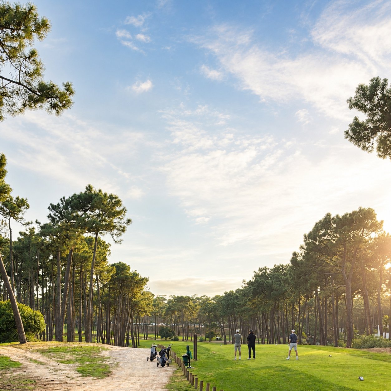 Golfers teeing off among pines at sunset near Aroeira