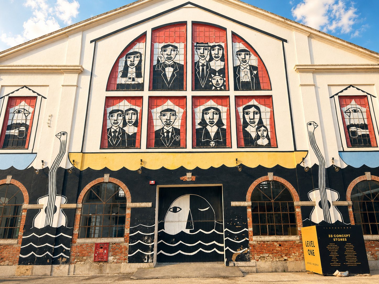 Mural-painted facade at LX Factory creative district in Lisbon