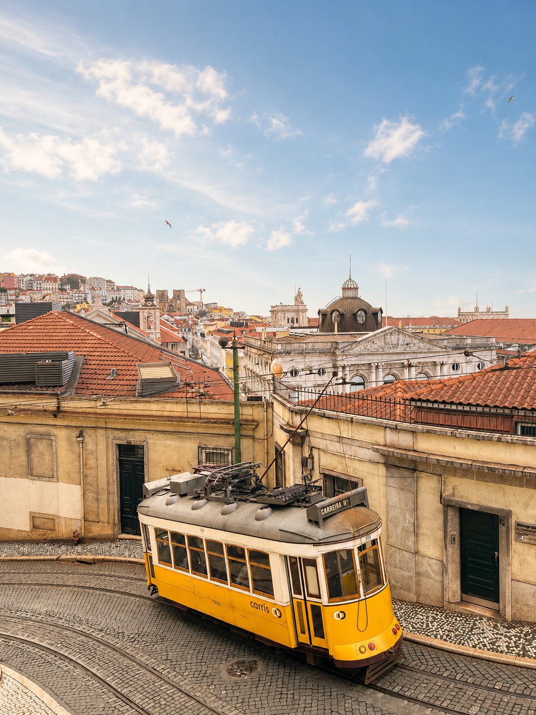 Yellow Carris tram passing the rooftops of Alfama and the castle hill in Lisbon